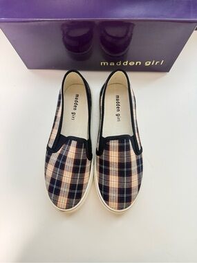 Madden Girl Plaid Slip-On Sneakers in Navy & Beige